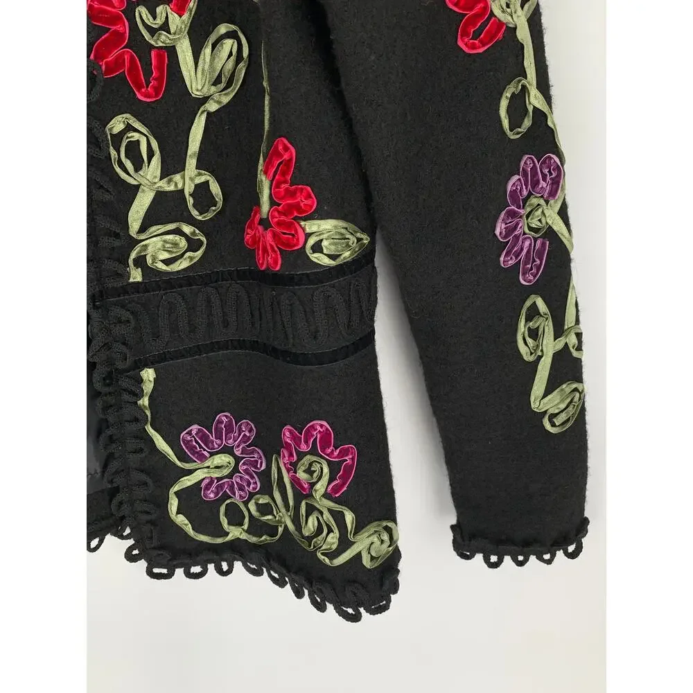 Carson Vintage Wool Floral Ribbon Open Cardigan Sweater Womens Medium Black Red